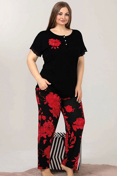 Jenny Daphne Plus Size Short Sleeve Button Collar Red Rose Print Long Pajamas Set 10868