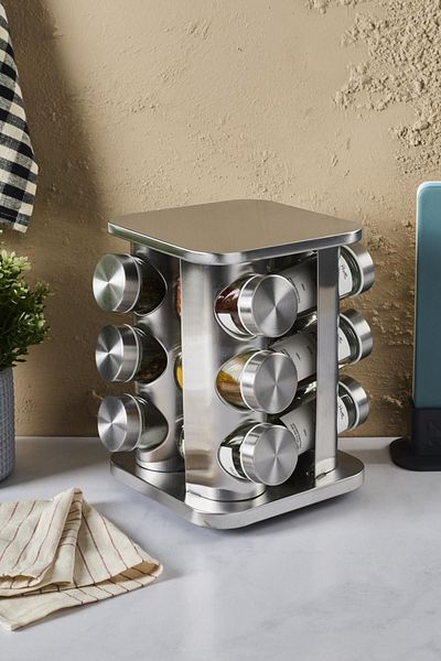 Perotti Casa Inox 12-piece Spice Rack Set - Metal Swivel Stand and Square Glass Metal Lid