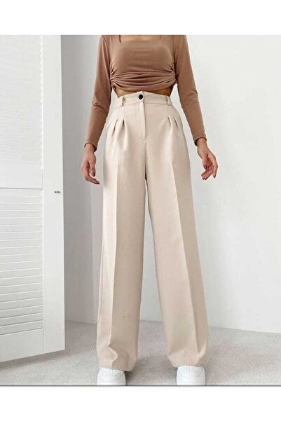 ButikDina Kadın Bej Pileli Kumaş Palazzo Pantalon