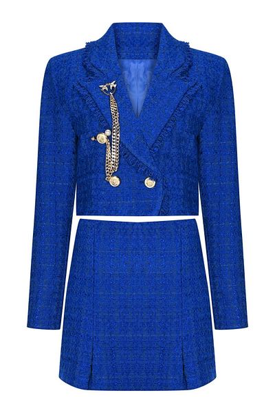 PleasureOfSilk Tweed Saks Blue Crop Jacket and Shorts Skirt Set