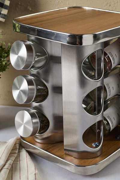 Perotti Casa Wood 12-piece Spice Rack Set - Wooden Swivel, Square Glass Metal Lid