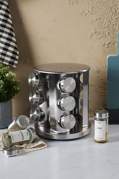 Perotti Round Glass Metal Lid - Casa Inox 12-piece Spice Rack Set