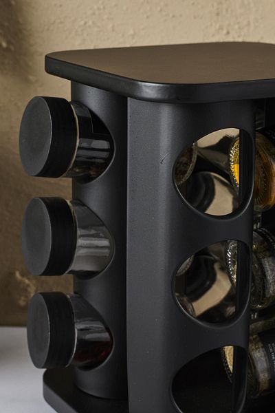 Perotti Casa Black 12-piece Spice Rack Set - Square Glass with Black Rotating Stand and Lid