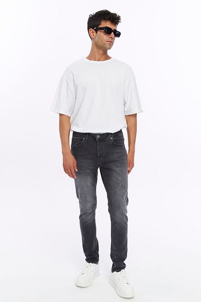 RO DENIM Ανδρικό παντελόνι Lycra σε σκούρο γκρι ελαστικό Skinny Fit - Αντίκα και λεπτομέρεια από ύφασμα (RO-4125)