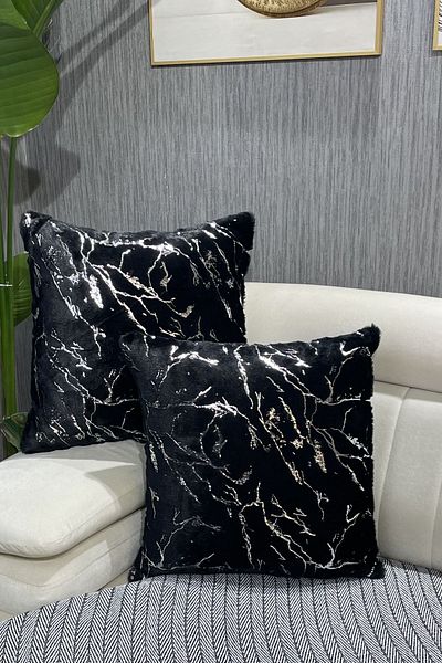Paris Life Plush Rabbit Rabbit Throw Pillow Cover - Silver Leaf, Square Cut, Black Marble Pattern