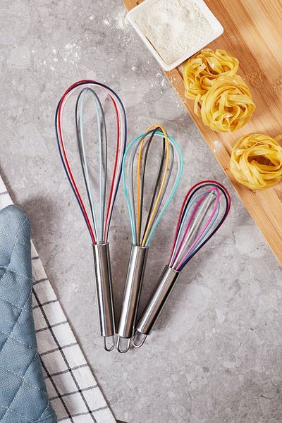 kitchenmate Mundo Silicone 3-Piece Whisk 35-25-21 Cm-3 Size Metal Whisk Set Stainless Handle