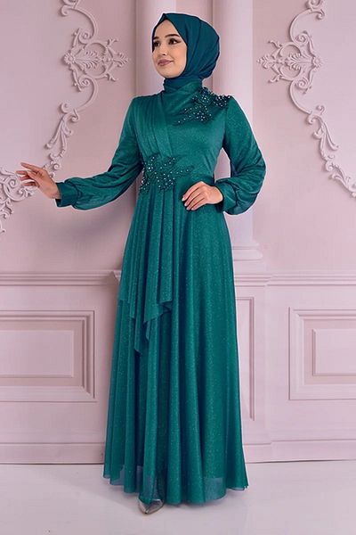 Ayşe Melek Emerald Hijab Evening Dress - Women's Clothing, Fashion Hijab 2514