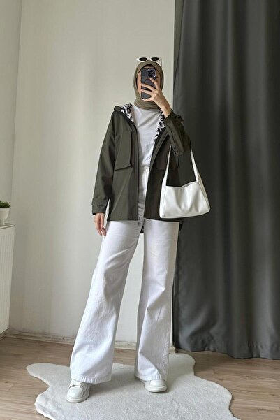 BURCU TESETTÜR Cep Detayli Kısa Trençkot BRC1907 Haki