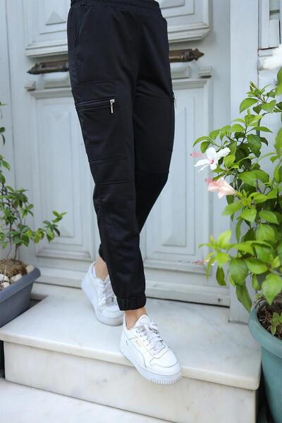 BURCU TESETTÜR Pantaloni cu buzunar cu fermoar cu talie elastică Brc1402 Negru