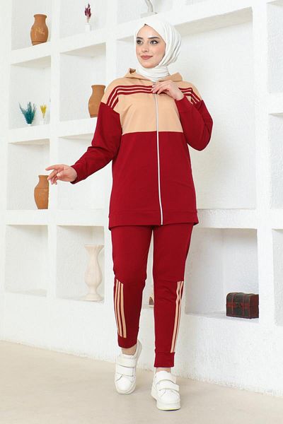 BURCU TESETTÜR Claret Red Latte Hooded Double Tracksuit Set - TRN1016