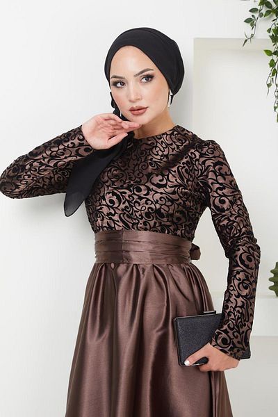 Ayşe Melek Satin Evening Dress 1042 - Brown, Embossed Pattern and Fashion Wear