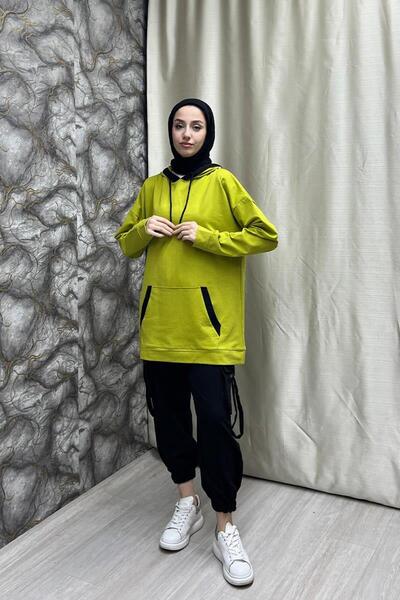 BURCU TESETTÜR Sweat Garnish dublă culoare Brc1703 Verde măsline