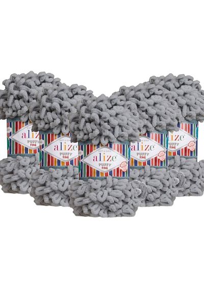 Alize خيوط الحياكة اليدوية Puffy Fine 5 عبوات - 343 رمادي فحمي - 100 جرام. 14.5 طن متري من خيوط الحياكة