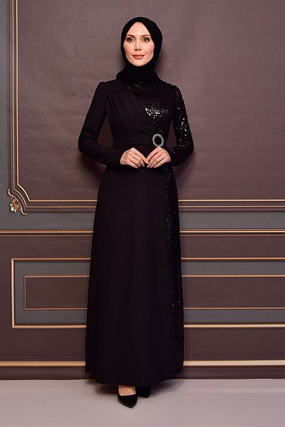 Ayşe Melek Black Sequin Belted Jewelled Crepe Evening Dress - Long Hijab Fashion 2516