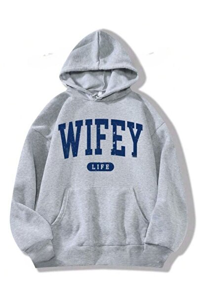 SAJA Gray Unisex Hooded Oversize Sweatshirt - Wifey Printed