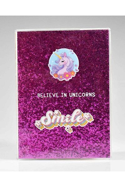 4nio Caiet argintiu cu unicorn cu flori mov