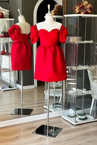 Lenta Moda Μίνι Σατέν Κόκκινο Βραδινό Φόρεμα Μπαλόνι - Βραδινό Φόρεμα