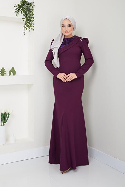 Ayşe Melek Kadın Giyim Abiye Moda Pul Detaylı Balık Abiye Elbise 2708 Mürdüm