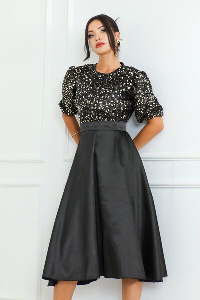 zeynep zehra Kadın Giyim Abiye Moda Pullu Saten Abiye Elbise 2724 Gold