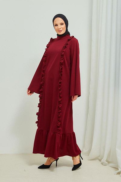 BURCU TESETTÜR Claret Red Hijab Φόρεμα - Λεπτομέρεια βολάν, Abaya Brc11m01