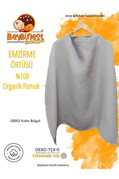 BeybiNest Multi Müslin Emzirme Önlüğü Balenli 100x80 Cm 4 Katlı Gri Emzirme Örtüsü