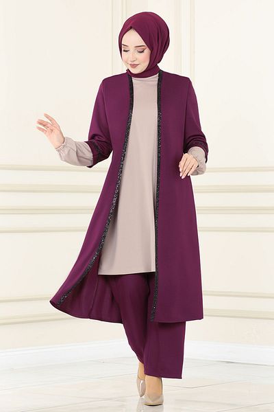 Ayşe Melek Sequin Hijab Dress - Plum-Mink Women's Evening Dress 2670