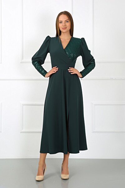 zeynep zehra Kadın Giyim Abiye Moda Pullu Krep Uzun Abiye Elbise 2731 Zümrüt