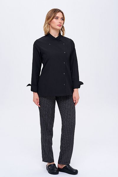 TIPTEKS Elegant Women's Cook Set - Long Sleeve, Black Chef Jacket, Double Striped Elastic Pants