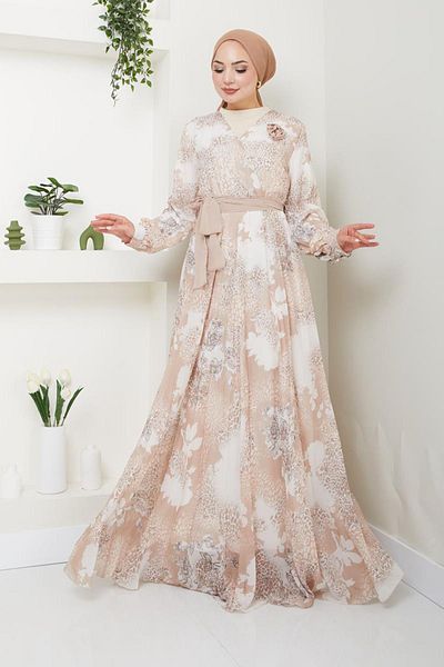 Ayşe Melek Fashion Patterned Rose Crepe Evening Dress - Long Hijab Dress 14243 Brown