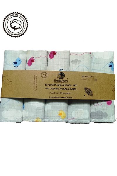 BeybiNest Muslin Handkerchief Set Cute Birds 25x30 Cm 10 Pack
