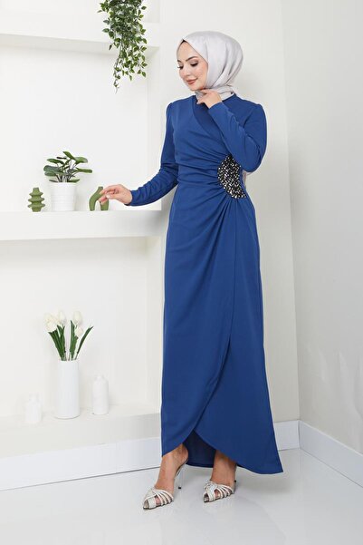 Ayşe Melek Kadın Giyim Abiye Moda Pullu Uzun Tesettür Abiye Elbise 2743 Mavi