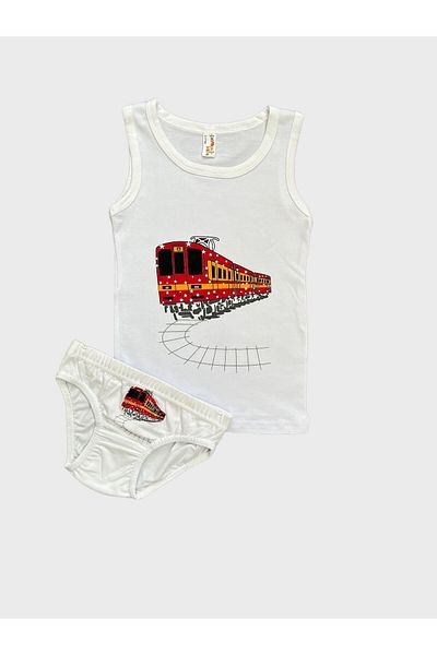 elmas kids White Train Patterned Cotton Boys' Undershirt and Slip Panties Set