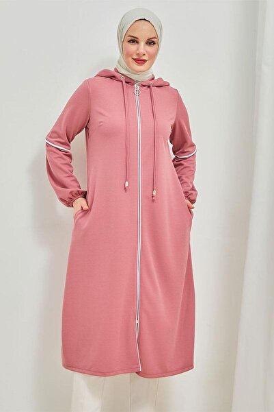 BURCU TESETTÜR Önden Fermuarlı Biye Detaylı Kap Brc8072 Gül Kurusu