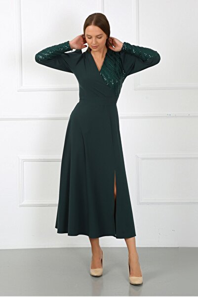 zeynep zehra Kadın Giyim Abiye Moda Pullu Krep Uzun Abiye Elbise 2731 Zümrüt