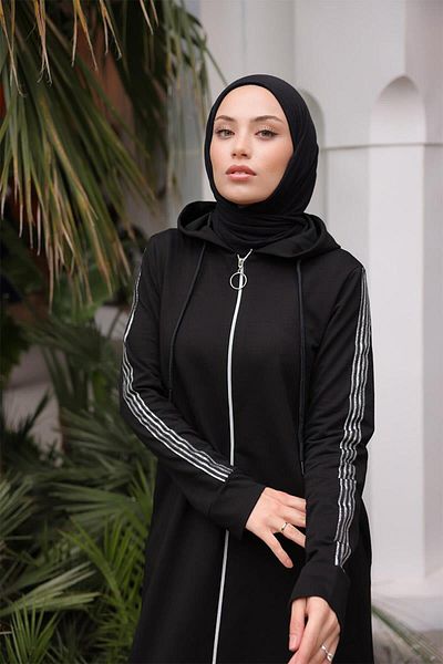 BURCU TESETTÜR سترة رياضية بغطاء للرأس بسحاب أمامي Bts0008 باللون الأسود
