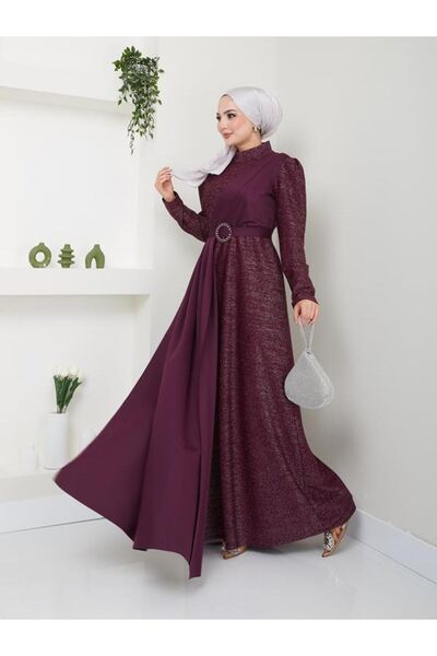 Ayşe Melek Kadın Giyim Abiye Moda Simli Pileli Abiye Elbise 2538 Mürdüm