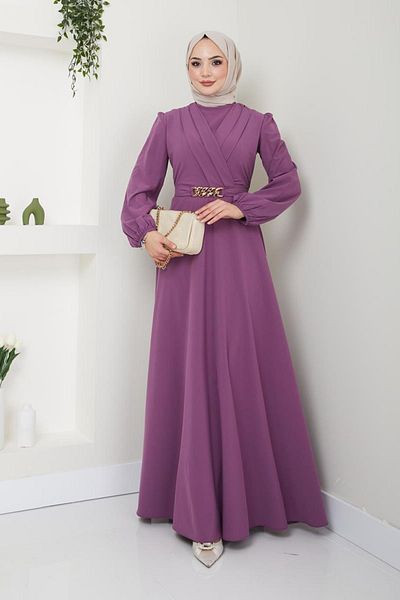 Ayşe Melek Hijab Evening Dress - with Chain Belt, Fashion 2646 Lilac
