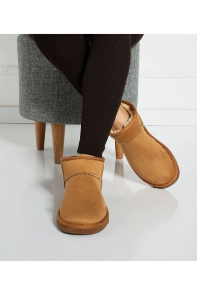 Ecru Γυναικείες Μπότες Mini Tan Suede - Γούνα εσωτερικά, Λεπτή σόλα