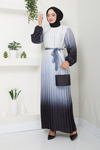 Ayşe Melek Kadın Giyim Abiye Moda Batik Desenli Saten Uzun Tesettür Elbise 15...