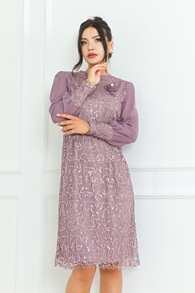 zeynep zehra Kadın Giyim Abiye Moda File Pul Payet Kısa Abiye Elbise 2728 Lila