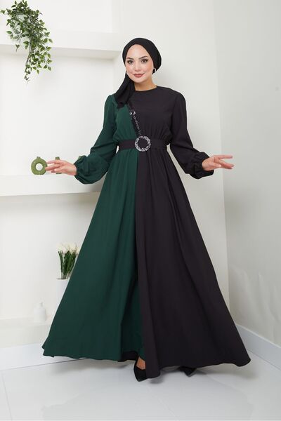 Ayşe Melek فستان سهرة كريب زمردي - فستان حجاب طويل مزين بالترتر وحزام 2674