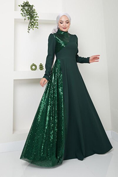 Ayşe Melek Kadın Giyim Abiye Moda Pullu Krep Uzun Tesettür Ebiye Elbise 2719