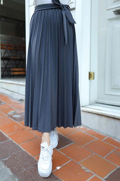 BURCU TESETTÜR Belt Detailed Pleated Hijab Skirt BRC3033-1 Smoked