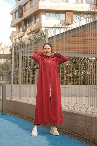 BURCU TESETTÜR Front Zipper Hooded Sports Ferace Bts0008 Claret Red