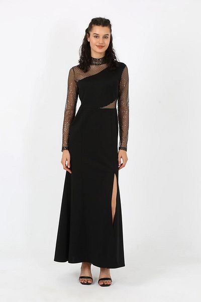 zeynep zehra Black Fish Glitter Slit Long Women's Evening Dress - 2735
