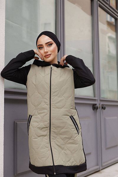 BURCU TESETTÜR Black Khaki Tracksuit Set - Quilted Detail, Trn3010