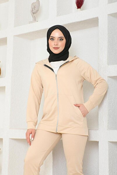 BURCU TESETTÜR Kapşonlu Cep Detayli Eşofman Takımı BRC1602Taş