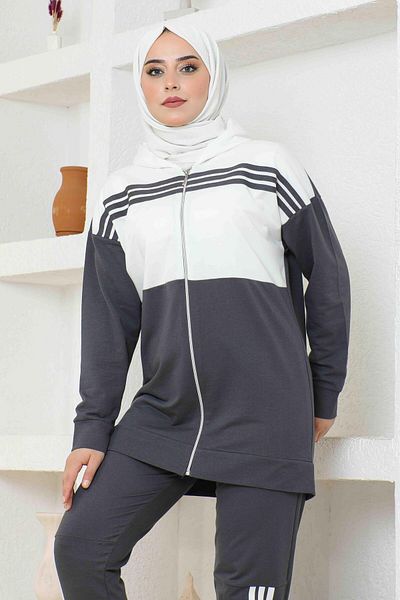BURCU TESETTÜR Hooded Double Tracksuit Set TRN1016 Smoked