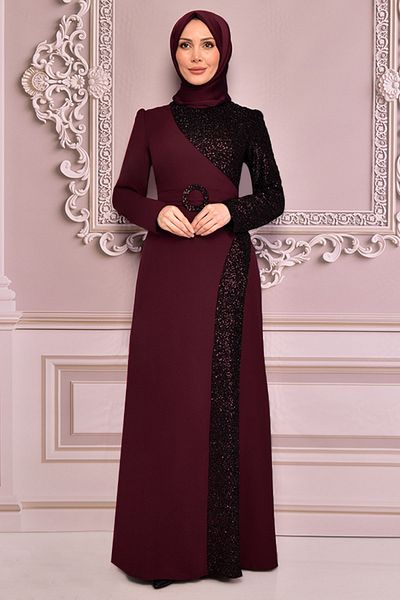 Ayşe Melek Burgundy Hijab Evening Dress - Sequin Detailed Women's Clothing, Fashion 2524