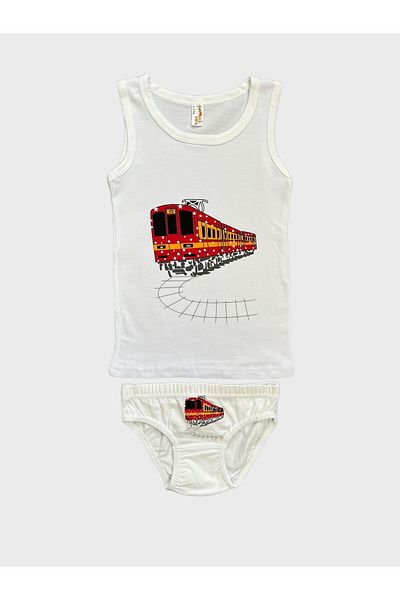 elmas kids White Train Patterned Cotton Boys' Undershirt and Slip Panties Set